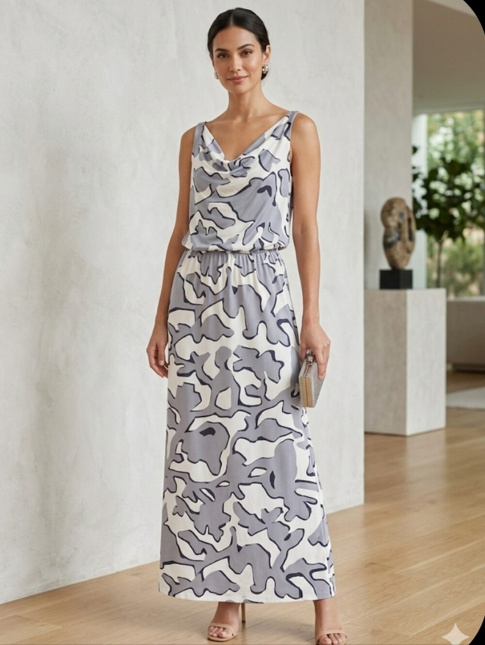 DVF Diane von Furstenberg Grey Silk Abstract Cowl Neck Blouson Maxi Dress 8